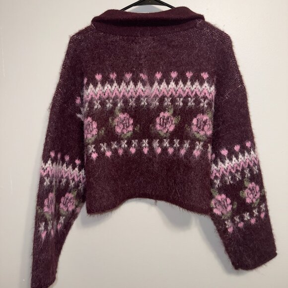Wild Fable NWT Cropped Fair Isle Zip Sweater XS Burgundy Pink Cozy - Picture 7 of 7